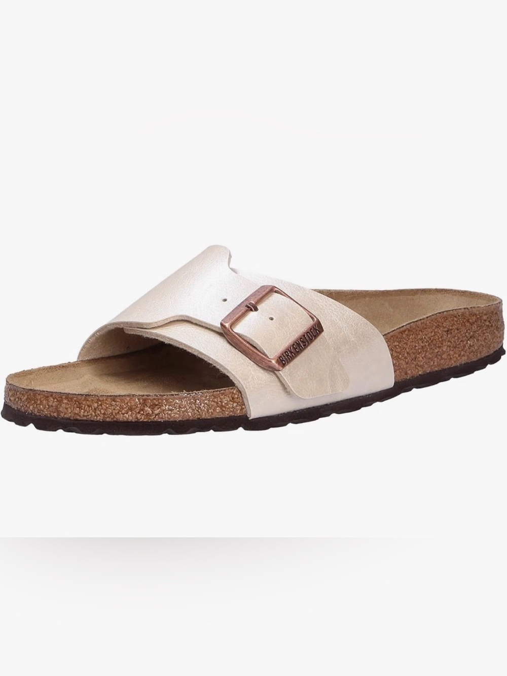 Birkenstock Madrid Single Strap Slide in Pearl White with Rose Gold Buckle